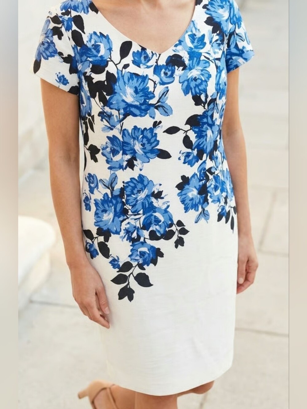 Women’s White Dress with Blue Floral Print